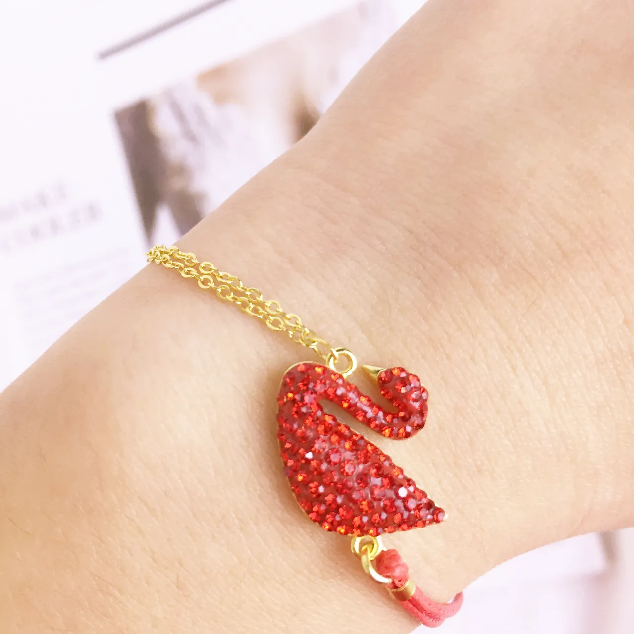 Red Crystal Swan Pendant Gold-Tone Chain Bracelet 5