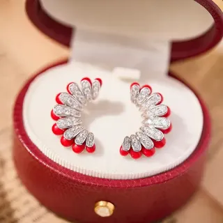 Red Enamel and Pavé Crystal Fan Motif Huggie Earrings