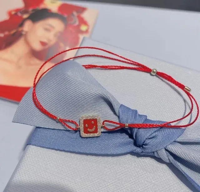 Red Gold Cord Square Enamel Charm Bracelet 6