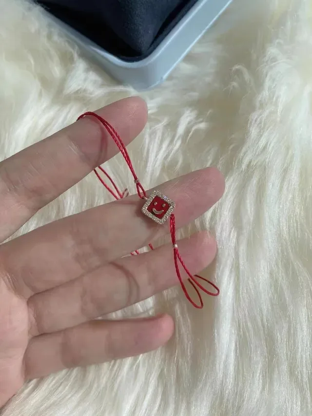 Red Gold Cord Square Enamel Charm Bracelet 7