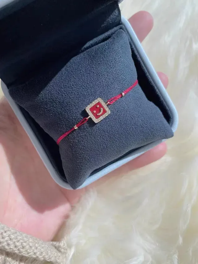Red Gold Cord Square Enamel Charm Bracelet 8