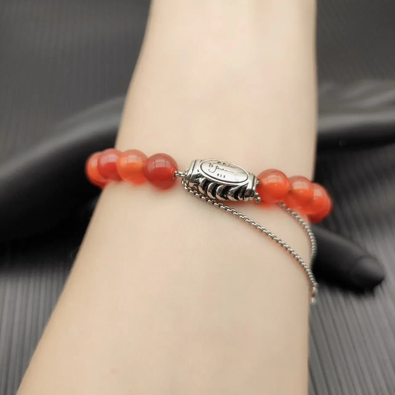 Red Silver Beaded Agate Bracelet 2