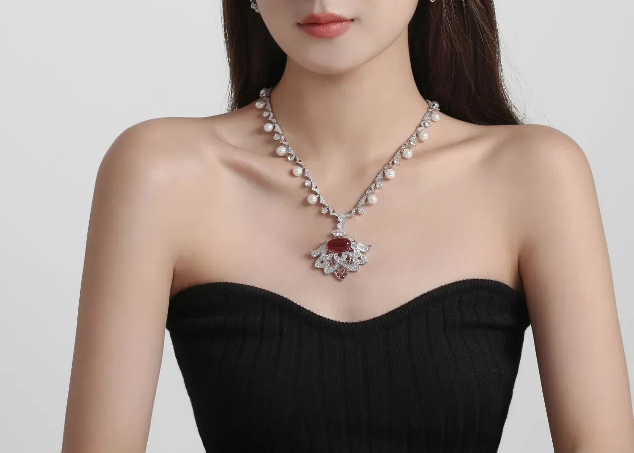 Red Silver Floral Motif Pearl-Accented Necklace 3