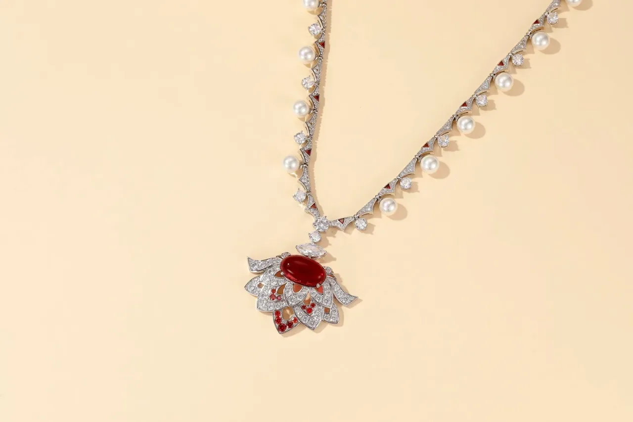 Red Silver Floral Motif Pearl-Accented Necklace 6