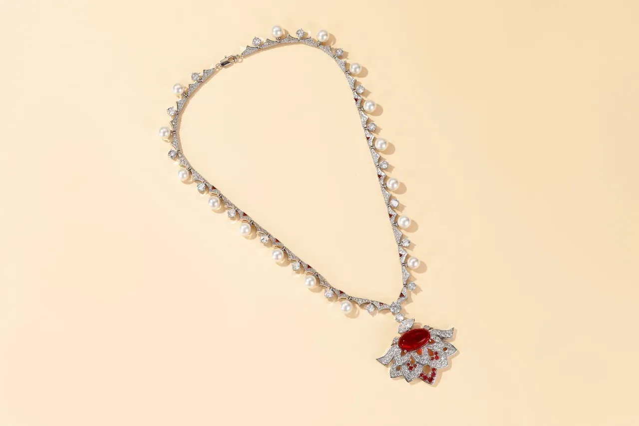 Red Silver Floral Motif Pearl-Accented Necklace 7