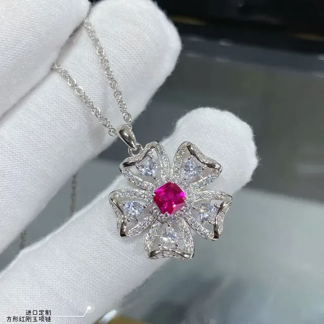 Red Silver Flower-Shaped Pave-Set Clear Stones Necklace 2