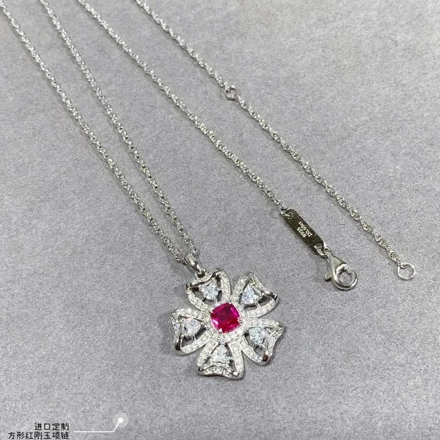 Red Silver Flower-Shaped Pave-Set Clear Stones Necklace 4