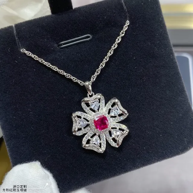Red Silver Flower-Shaped Pave-Set Clear Stones Necklace 5