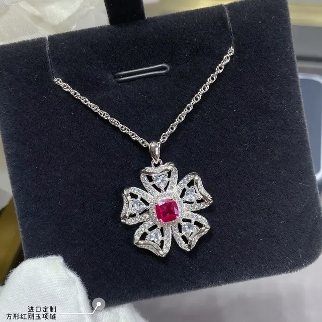Red Silver Flower-Shaped Pave-Set Clear Stones Necklace 6
