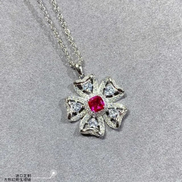 Red Silver Flower-Shaped Pave-Set Clear Stones Necklace 8