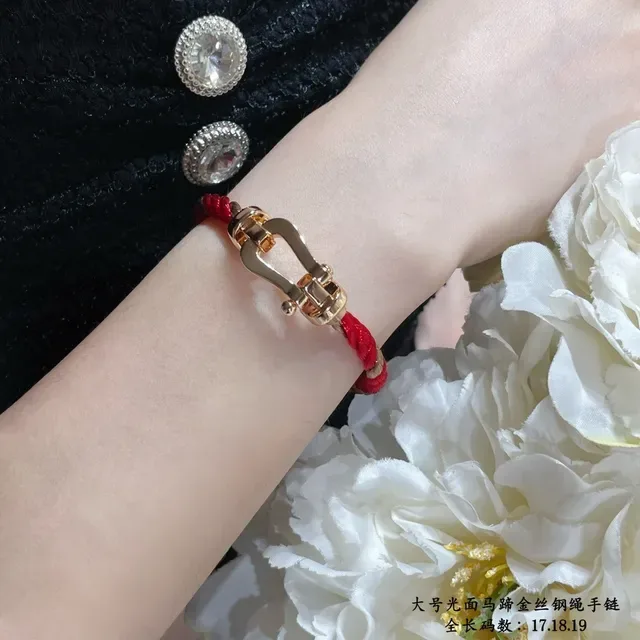 Red Twisted Cord Gold-Tone Horsebit Clasp Bracelet 8