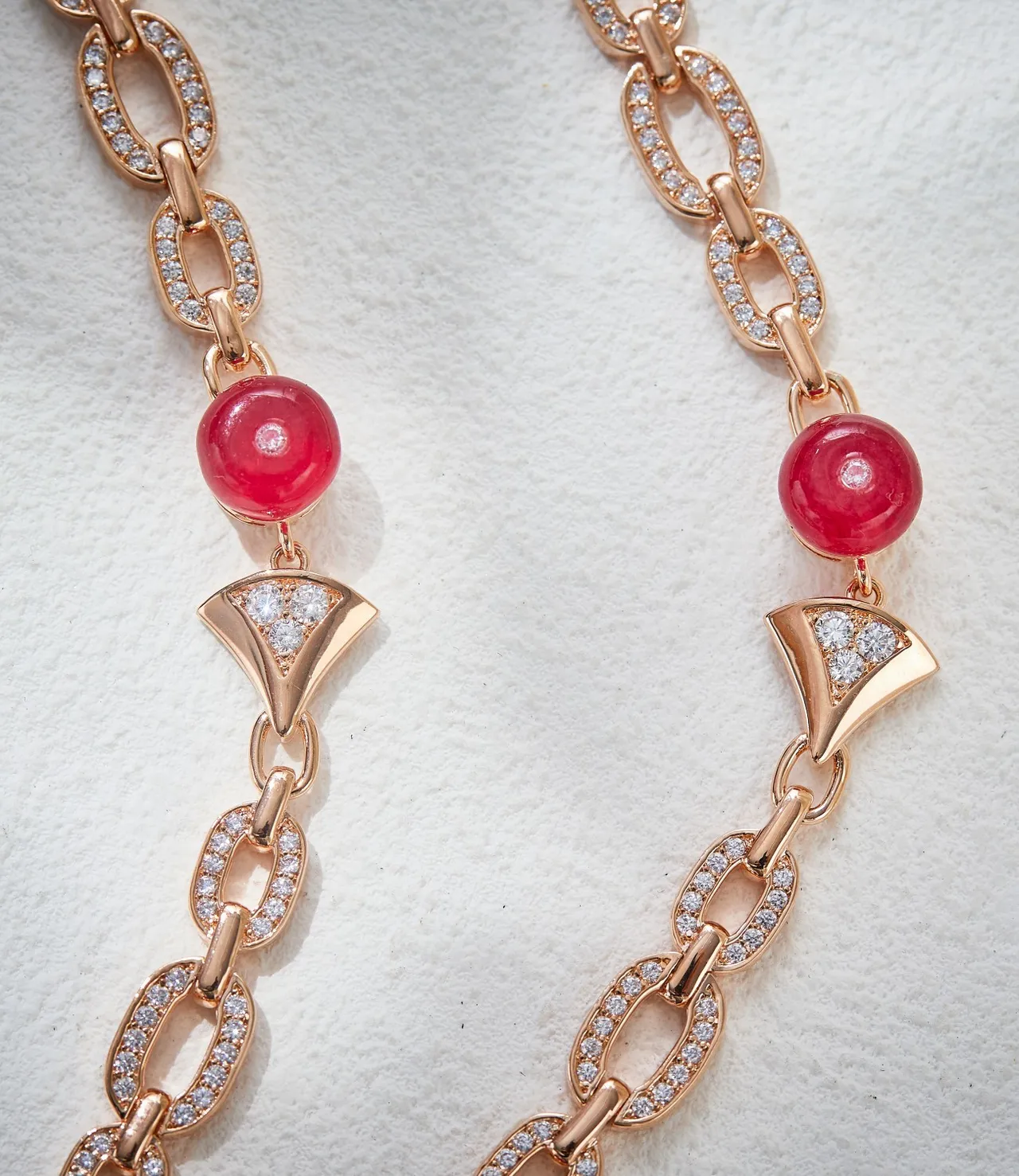 Rose Gold Diamond and Ruby Fan Motif Pendant Necklace 2