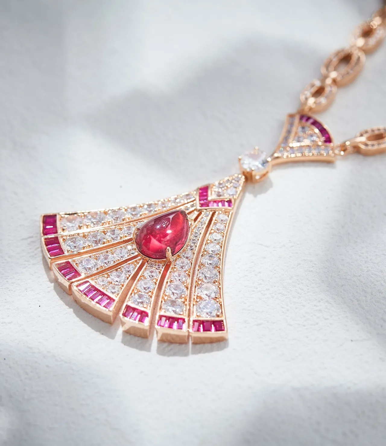 Rose Gold Diamond and Ruby Fan Motif Pendant Necklace 3