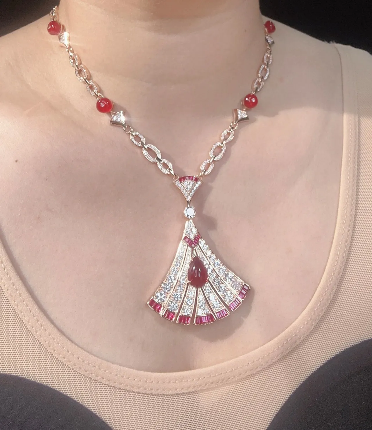 Rose Gold Diamond and Ruby Fan Motif Pendant Necklace 4