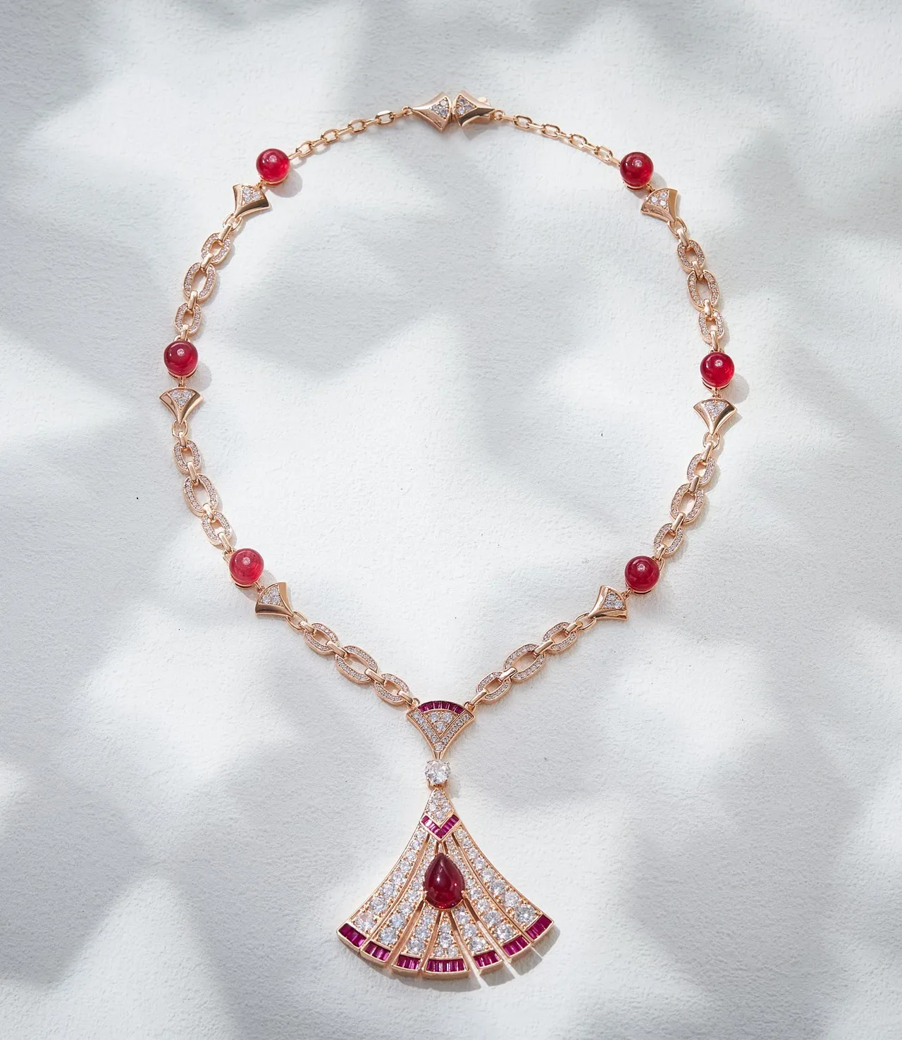 Rose Gold Diamond and Ruby Fan Motif Pendant Necklace 7