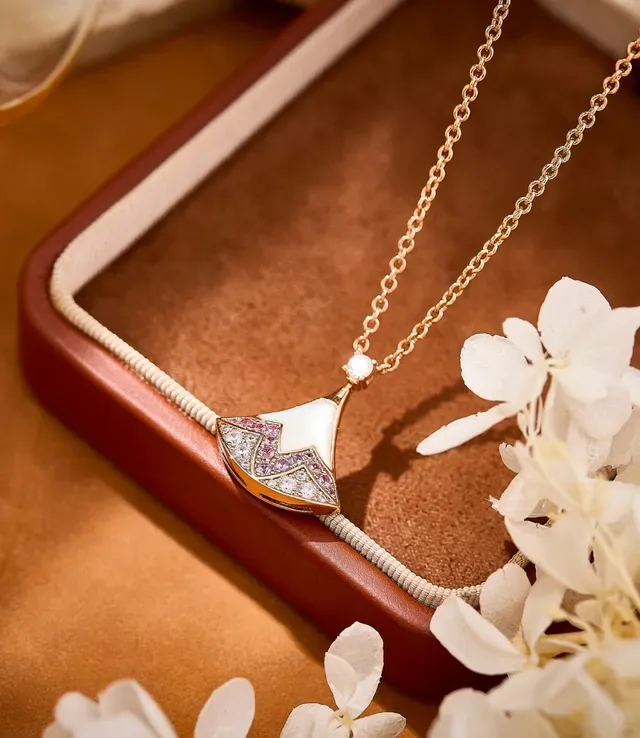 Rose Gold Fan-Shaped Enamel and Pavé Stone Pendant Necklace 3