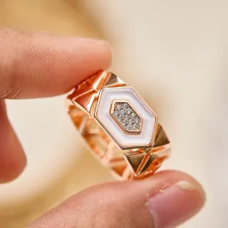 Rose Gold Geometric Hexagonal Pavé Stone and White Enamel Ring