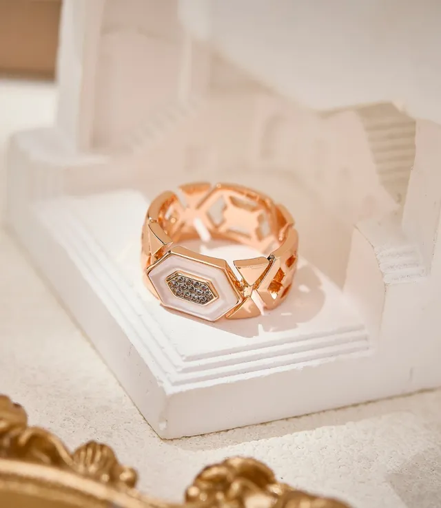 Rose Gold Geometric Hexagonal Pavé Stone and White Enamel Ring 3