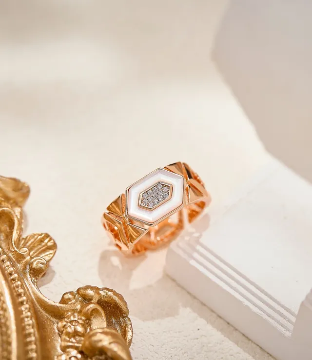 Rose Gold Geometric Hexagonal Pavé Stone and White Enamel Ring 4