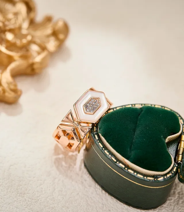 Rose Gold Geometric Hexagonal Pavé Stone and White Enamel Ring 5