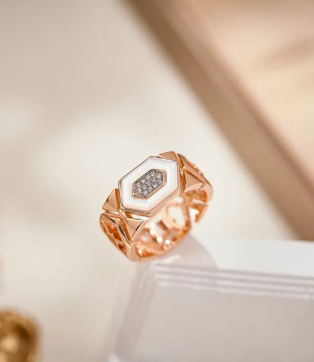 Rose Gold Geometric Hexagonal Pavé Stone and White Enamel Ring 6