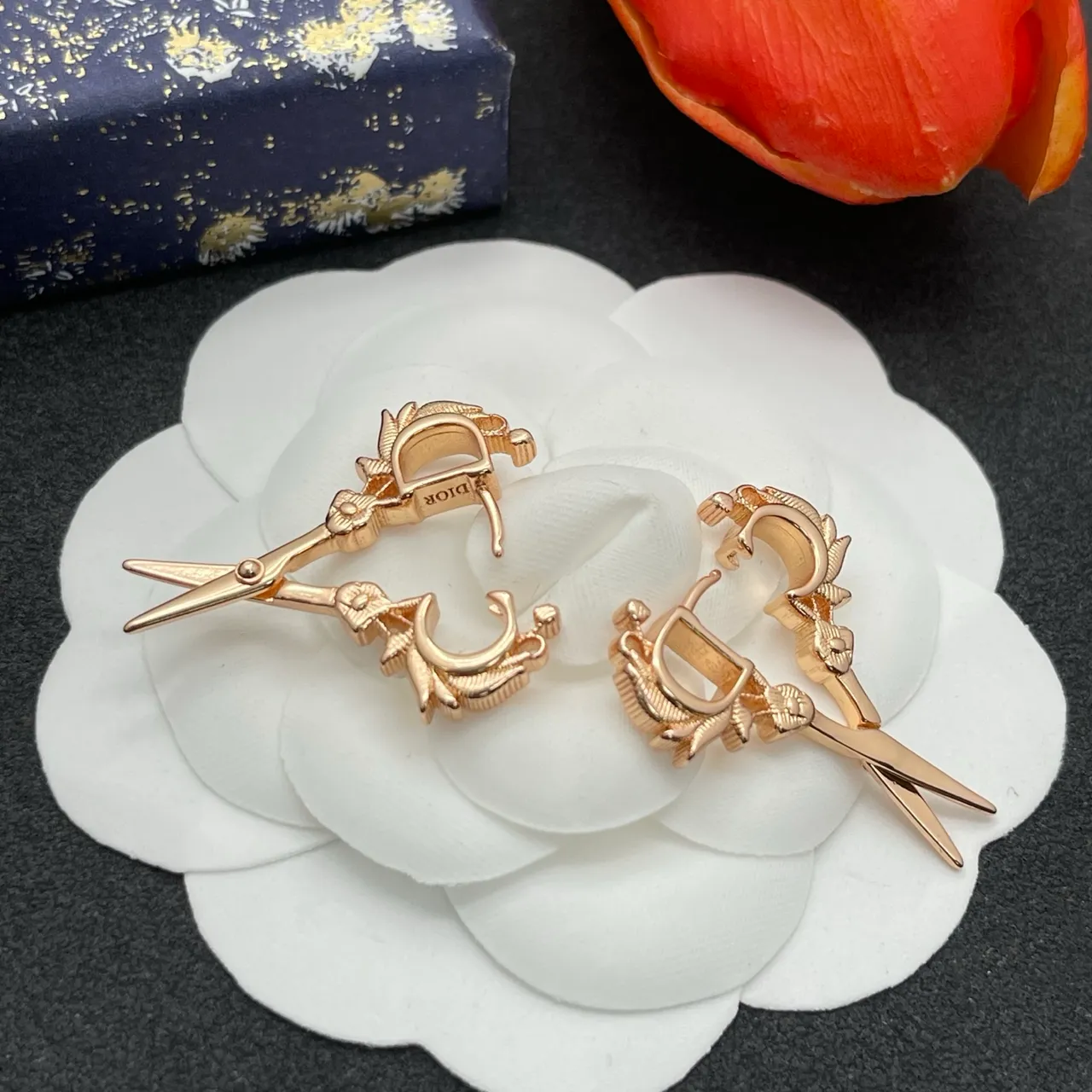 Rose-Gold Letter C and D Scissor Motif Earrings 4