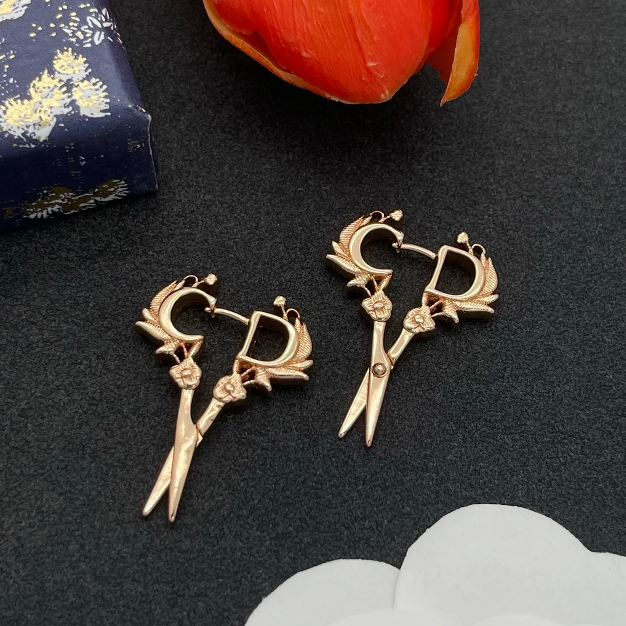 Rose-Gold Letter C and D Scissor Motif Earrings 7