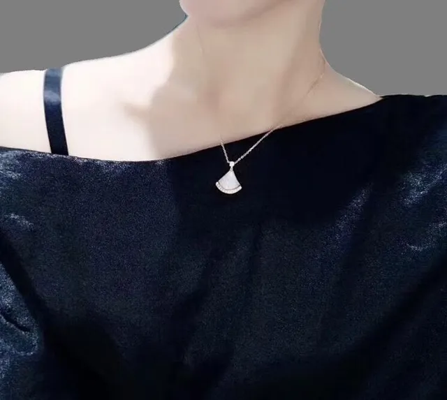 Rose-Gold Tone Fan-Shaped Mother-of-Pearl and Crystal Pendant Necklace 6