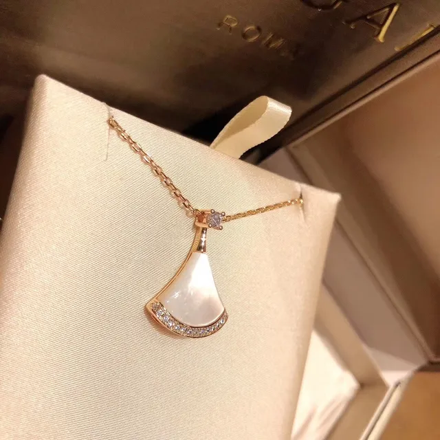 Rose-Gold Tone Fan-Shaped Mother-of-Pearl and Crystal Pendant Necklace 7