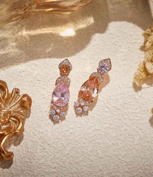 Rose-Gold-Tone Pink and Peach Pear-Cut Multi-Stone Drop Earrings 5
