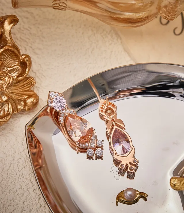Rose-Gold-Tone Pink and Peach Pear-Cut Multi-Stone Drop Earrings 6