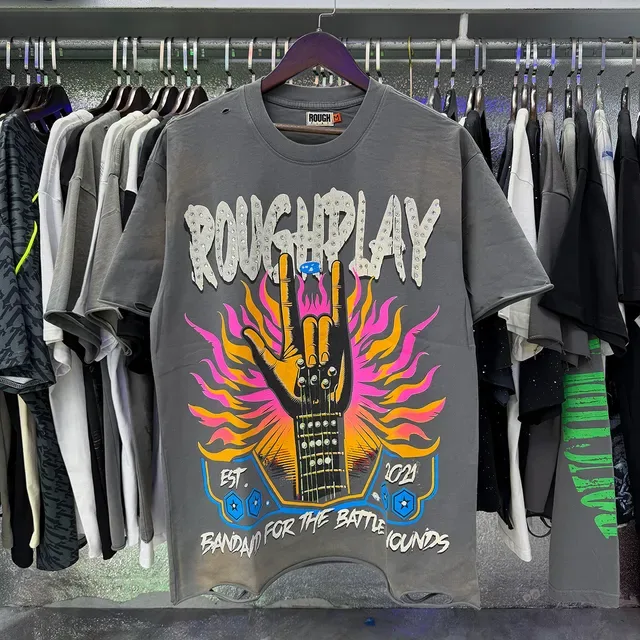 ROUGH PLAY Gray Multicolor Distressed Hem Rhinestone-Embellished Text T-Shirt 1