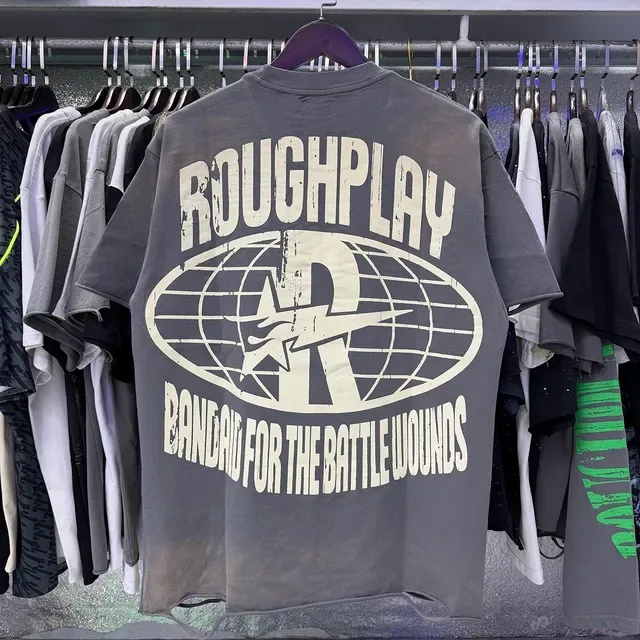 ROUGH PLAY Gray Multicolor Distressed Hem Rhinestone-Embellished Text T-Shirt 5