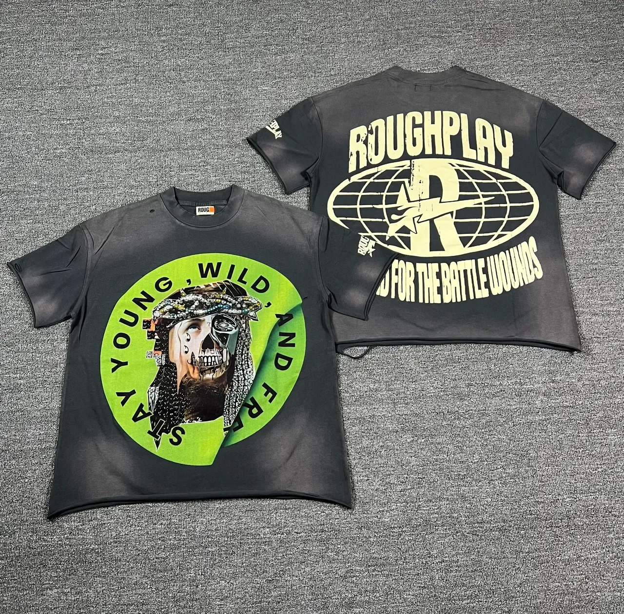 Roughplay Distressed Black Acid-Wash Double-Sided Graphic T-Shirt 11