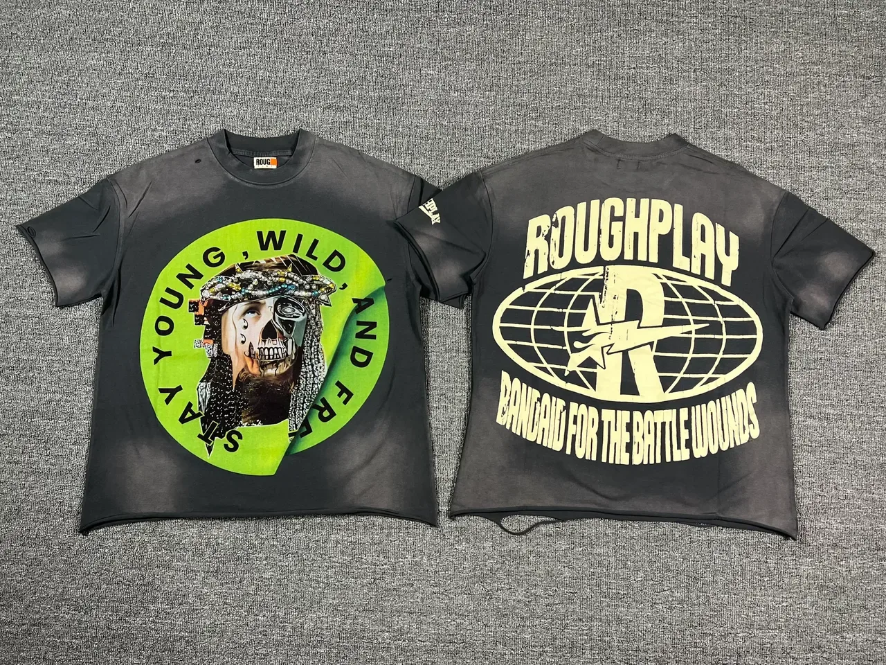 Roughplay Distressed Black Acid-Wash Double-Sided Graphic T-Shirt 12
