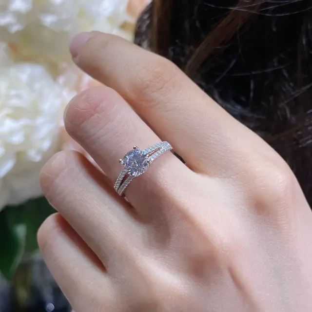 Round Brilliant Center Stone Split Shank Pavé Double Row Ring 9