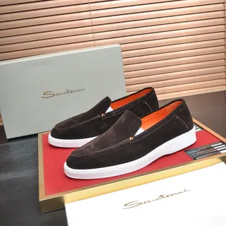 Santoni 棕橙色麂皮鞋面 白色对比鞋底 乐福鞋