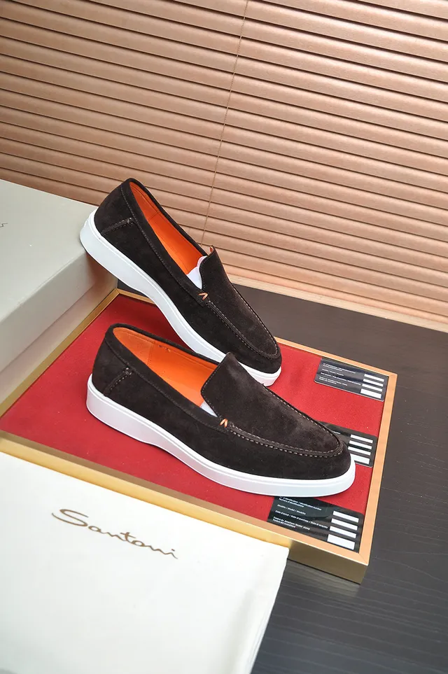 Santoni Brown Orange Suede Upper White Contrast Sole Loafer 4