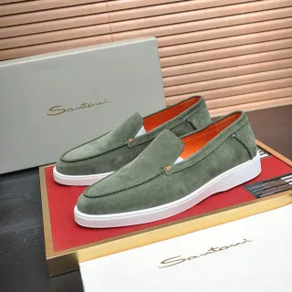 Santoni গ্রিন অরেঞ্জ সুয়েড উপর Moc-Toe Stitching Loafer