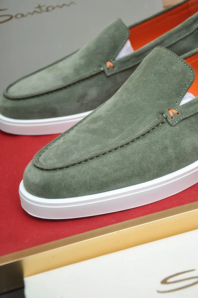 Santoni Green Orange Suede Upper Moc-Toe Stitching Loafer 2