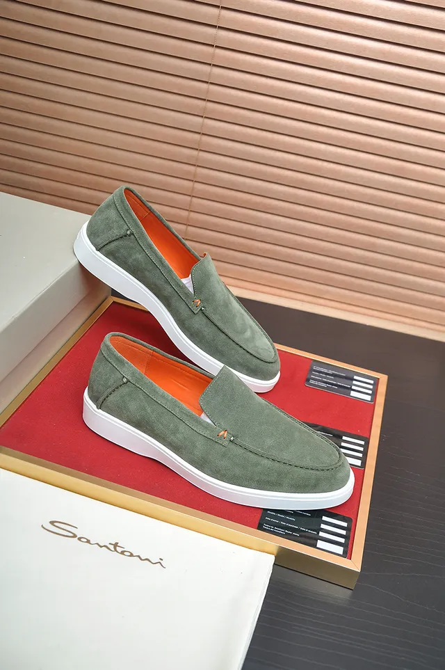 Santoni Green Orange Suede Upper Moc-Toe Stitching Loafer 4