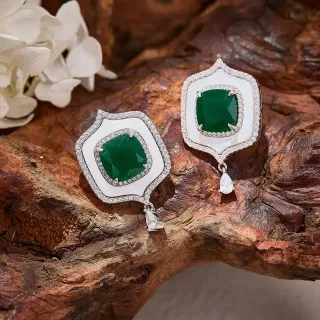 Shield-Shaped Green Gem and White Inlay Pavé Diamond Drop Earrings