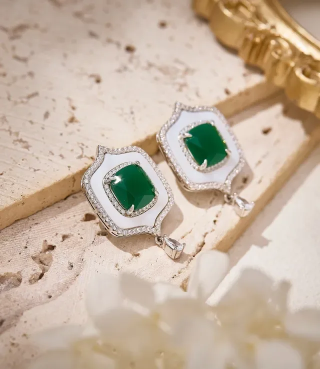 Shield-Shaped Green Gem and White Inlay Pavé Diamond Drop Earrings 2