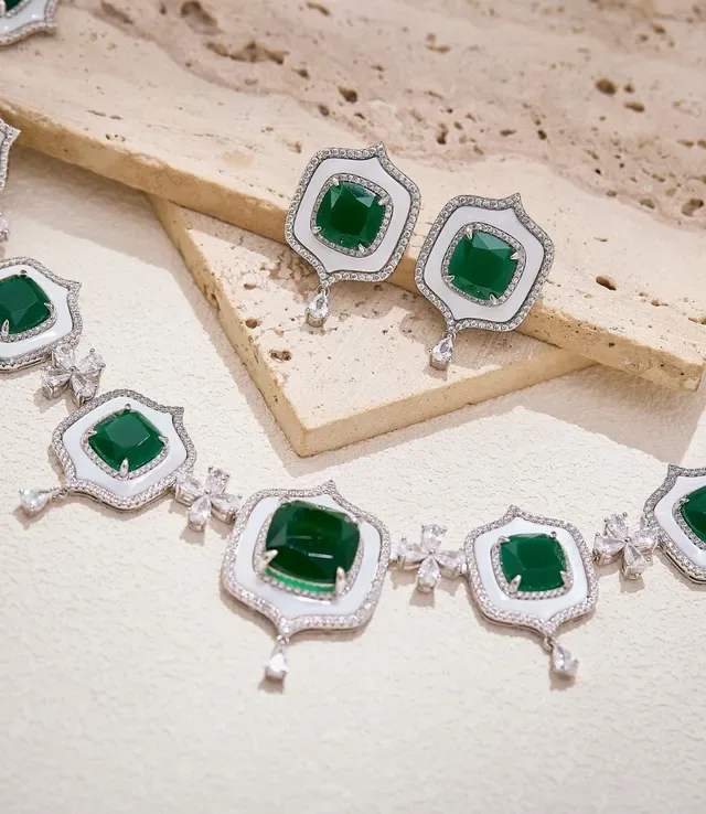 Shield-Shaped Green Gem and White Inlay Pavé Diamond Drop Earrings 3