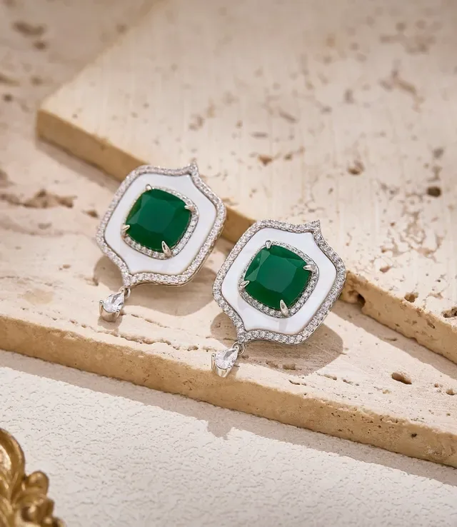 Shield-Shaped Green Gem and White Inlay Pavé Diamond Drop Earrings 4