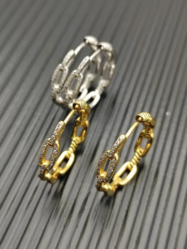 Silver and Gold Chain-Link Pavé Hoop Earrings 3