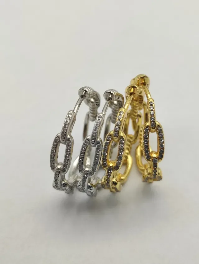Silver and Gold Chain-Link Pavé Hoop Earrings 5