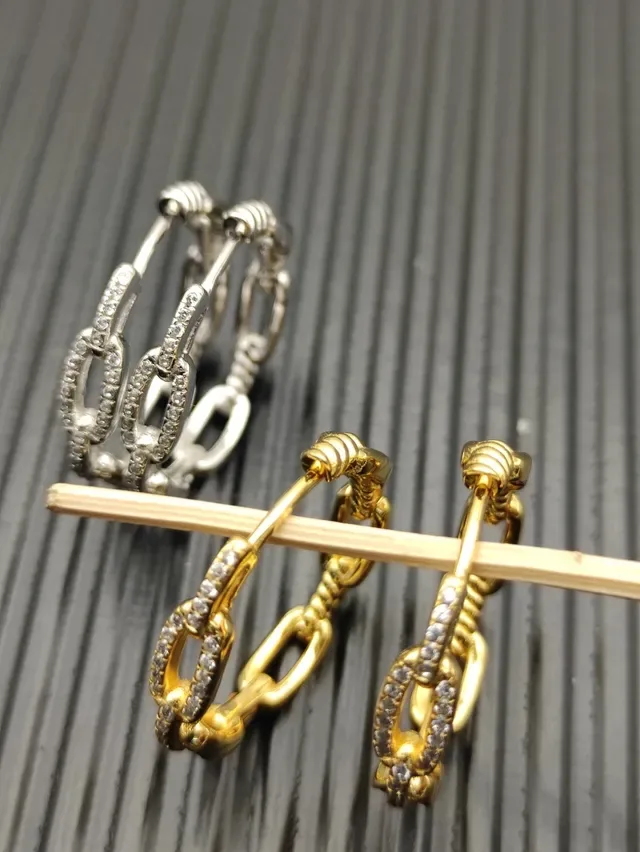 Silver and Gold Chain-Link Pavé Hoop Earrings 9