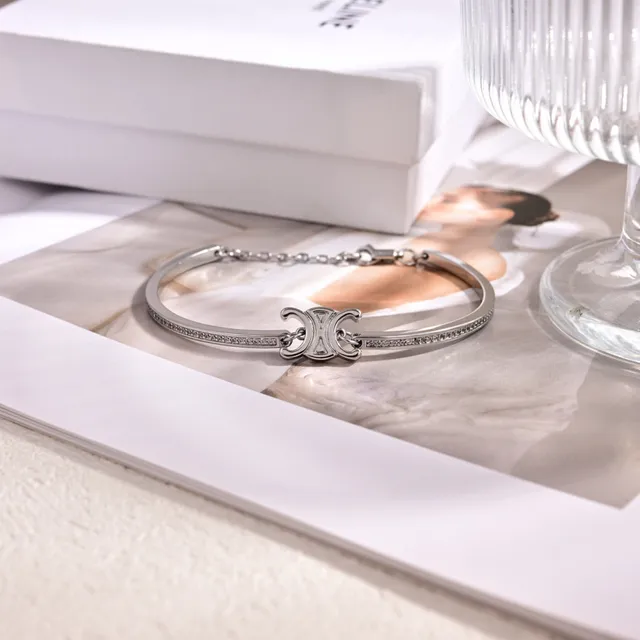 Silver and Gold Logo Motif Pavé Crystal Bangle Bracelets 5