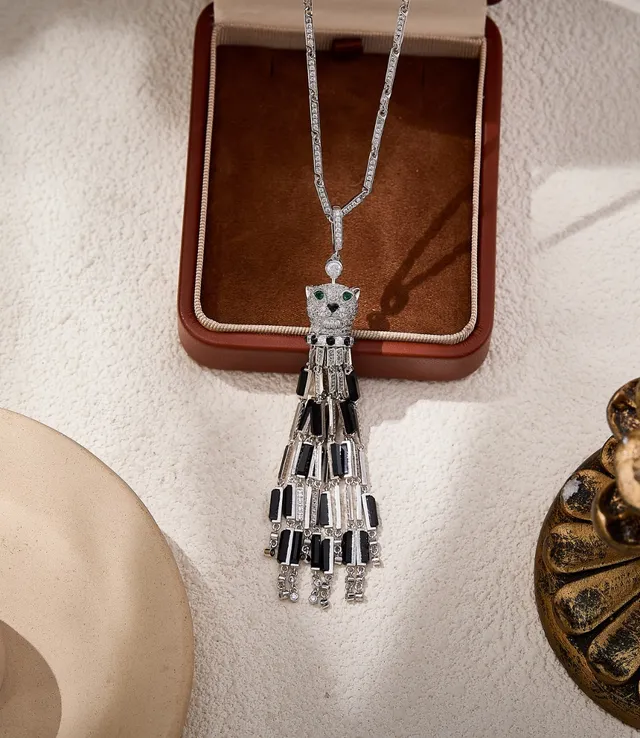 Silver Black Panther-Head Pendant Pavé-Set Clear Stones Necklace 2